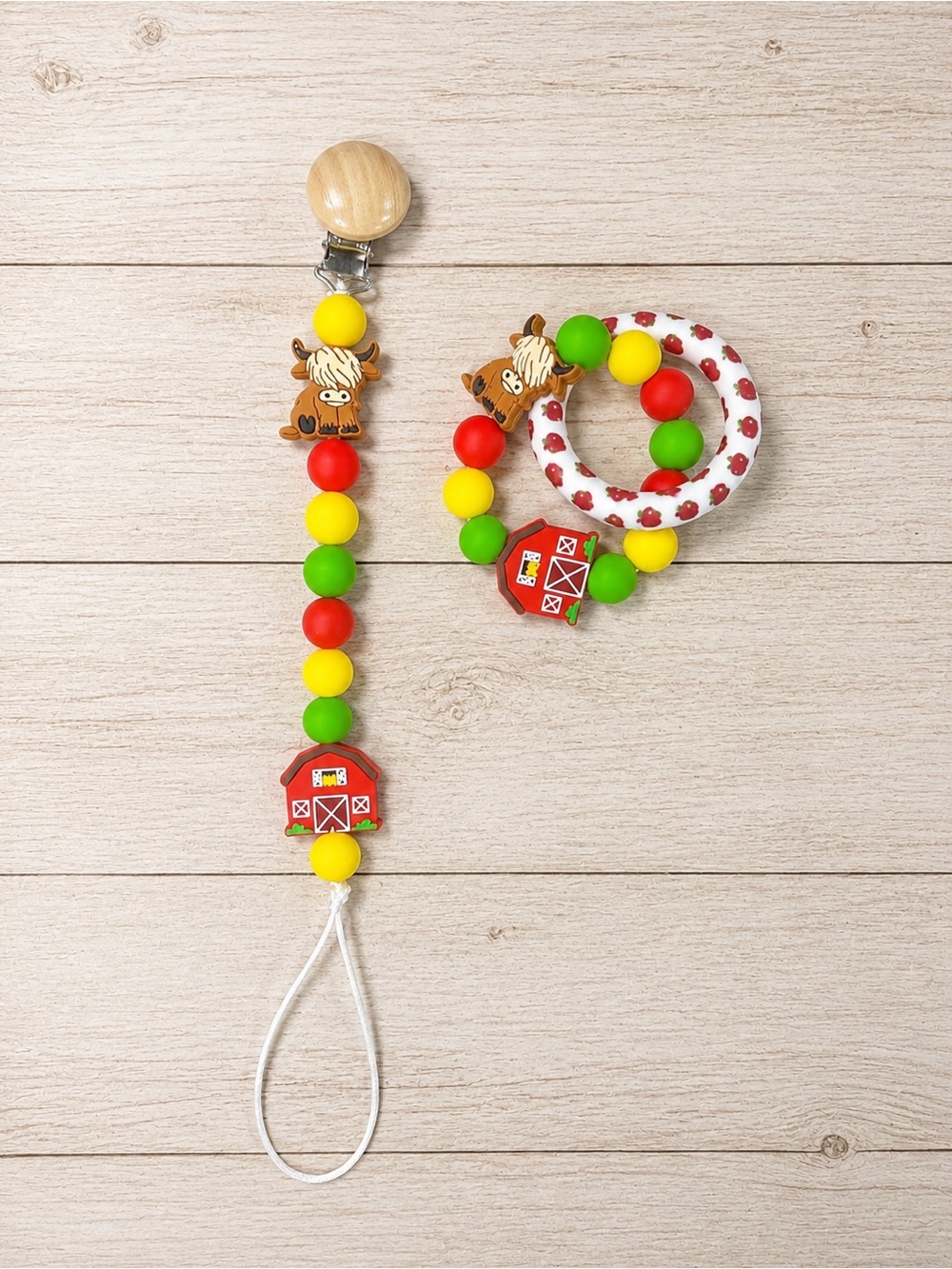 Farm Animal Wooden Pacifier Clip & Teething Ring Set - Red, Yellow & Green